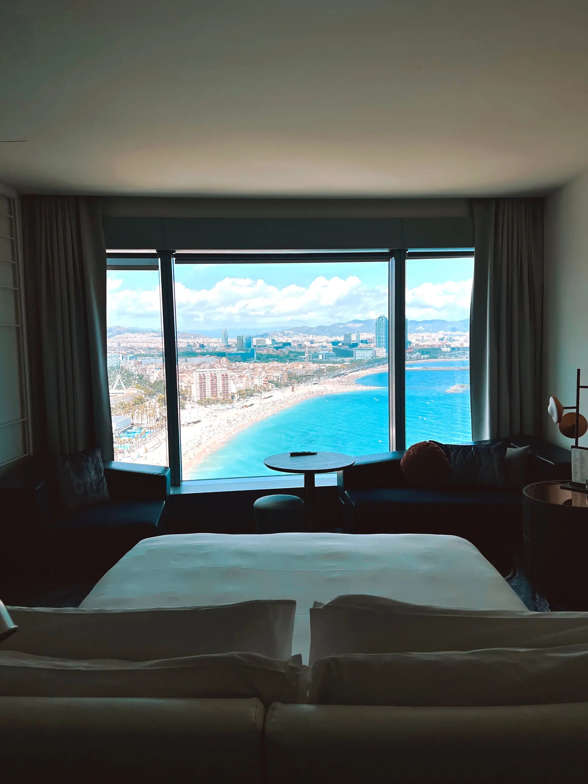 Luxury hotel room with architectural city views